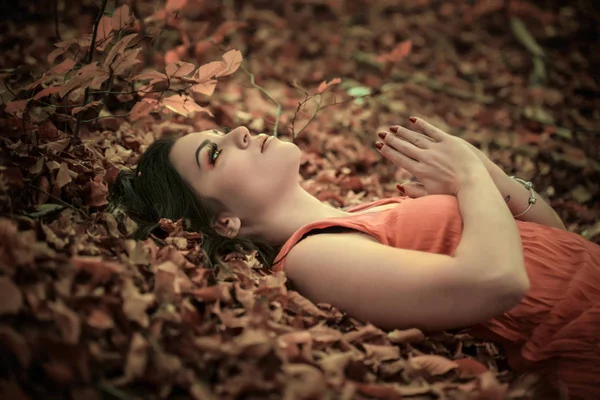 美丽的女孩摆在大自然中在美丽的秋天 — 图库照片