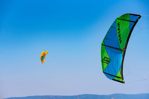 Pomorie, Burgas / Bulgaria -08.01.2020:Sail in the air to a clear blue sky