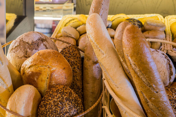 Various types of bread in the restaurant
