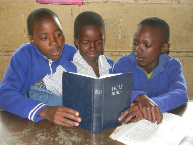Norton, Zimbabwe, 13 Temmuz 2015. İlkokul çocukları onların sınıf içinde bir İncil okuma. Hıristiyanlık Güney Afrika'da en pupular bir dindir.                         