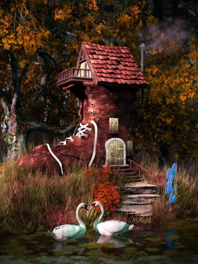 Fairytale sahne kuğular, çiçek ve muhteşem evi