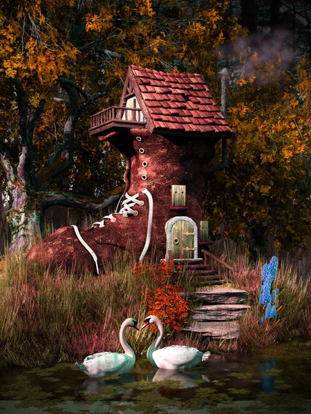 Märchenszene Mit Schwänen Blumen Und Wunderbarem Haus — Stockfoto
