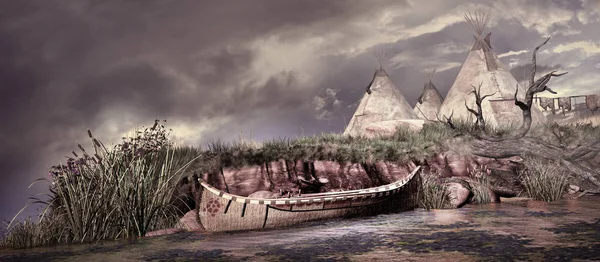 Scene Tipi Canoe River — Stock Photo, Image