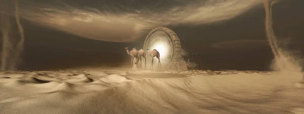 Desert Scenery Magic Portal Camels — Stock Photo, Image