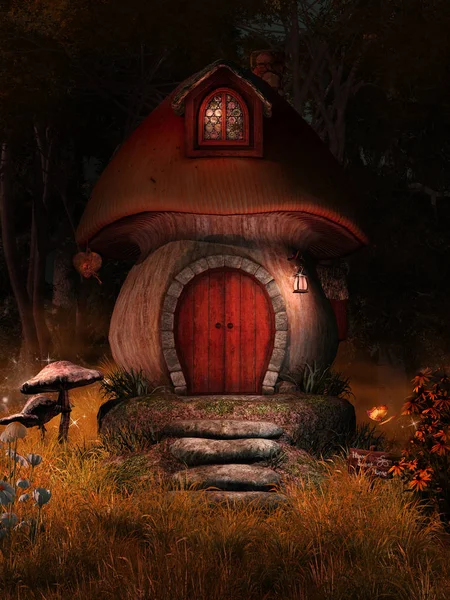 Fairy Huis Met Lantaarn Paddestoelen — Stockfoto