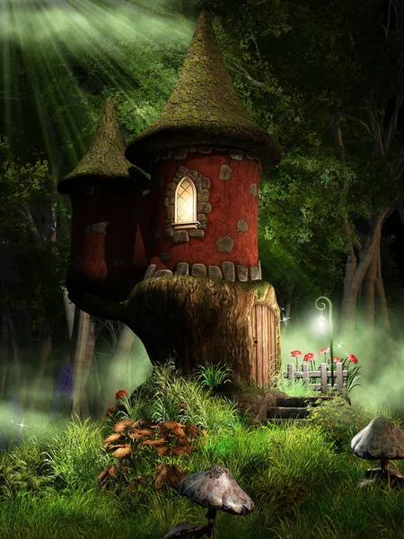 童话场面与小城堡在绿色草甸 — 图库照片