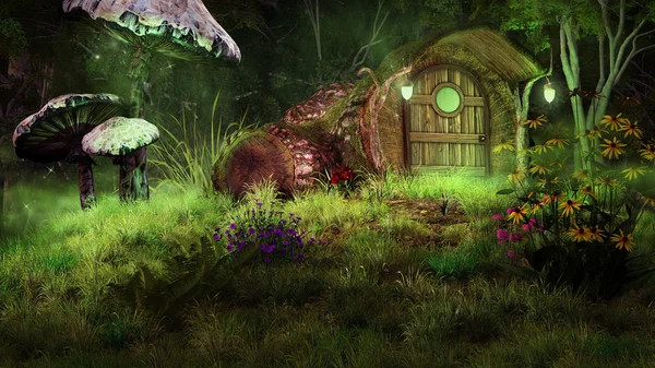 Night Scene Fairytale House Flowers Mushrooms — Stock Photo, Image