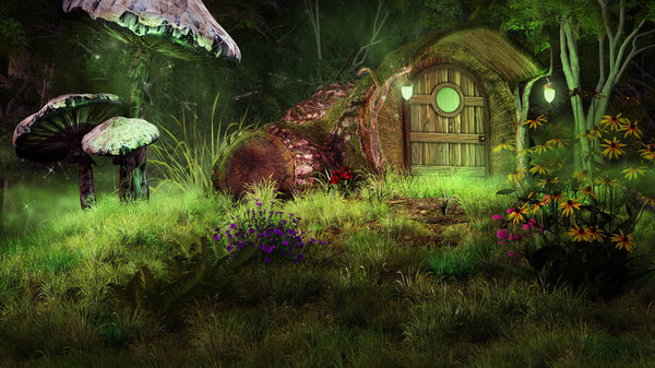 Night scene with fairytale house, flowers and mushrooms