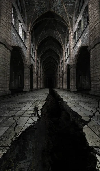 Paysage Sombre Avec Une Énorme Faille Intérieur Une Vieille Cathédrale — Photo