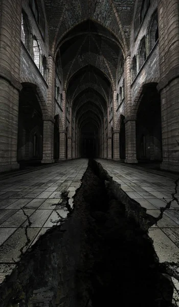 Paisaje Sombrío Con Una Enorme Grieta Dentro Una Antigua Catedral —  Fotos de Stock