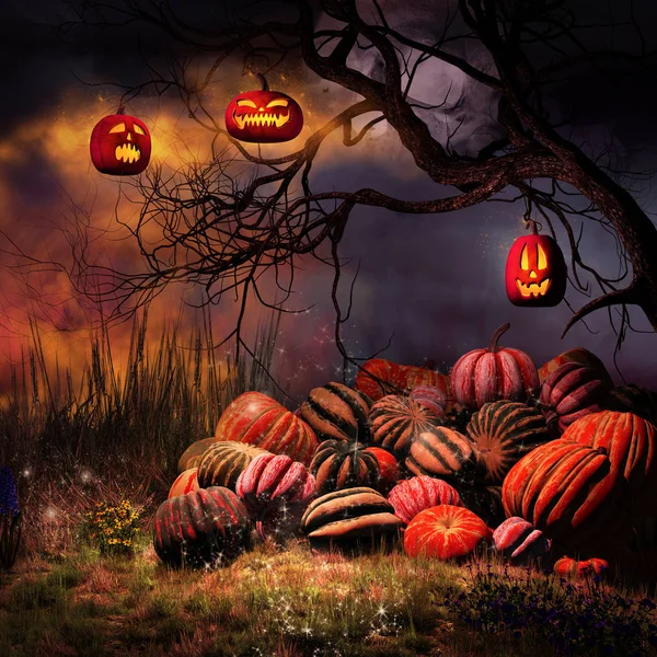 Paisaje Halloween Con Calabazas Linternas — Foto de Stock