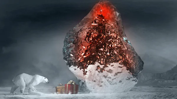 Kutup Ayısı Noel Ağacı Ile Kutup Manzara — Stok fotoğraf