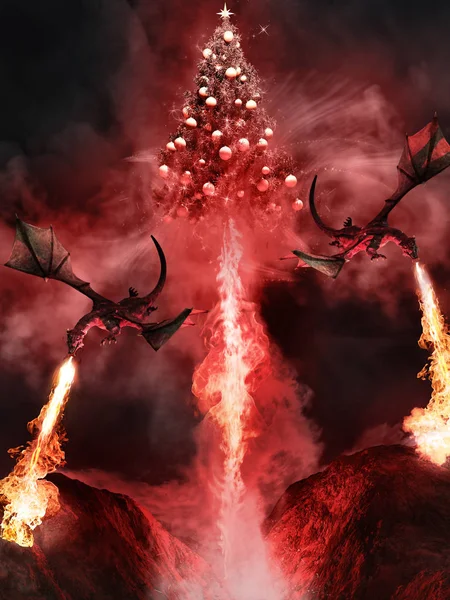 Escena Fantasía Con Llamas Fuego Dragones Árbol Navidad — Foto de Stock