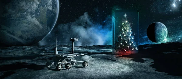 Cena Scifi Com Árvore Natal Planetas Lua Rover — Fotografia de Stock