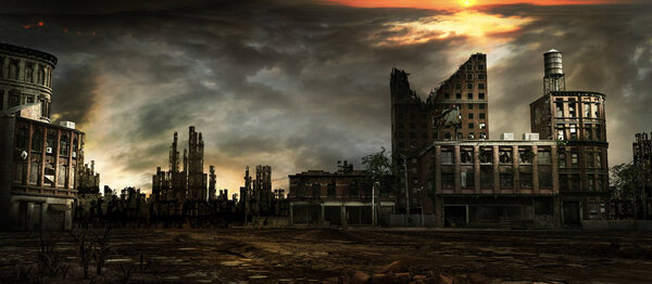 Apocalyptic scenery with sunset over ruined city