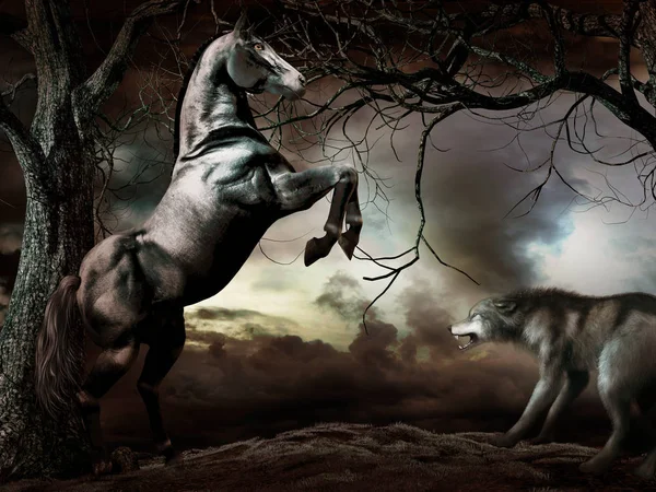 Scène Fantastique Avec Cheval Arbres Effrayants Loup — Photo