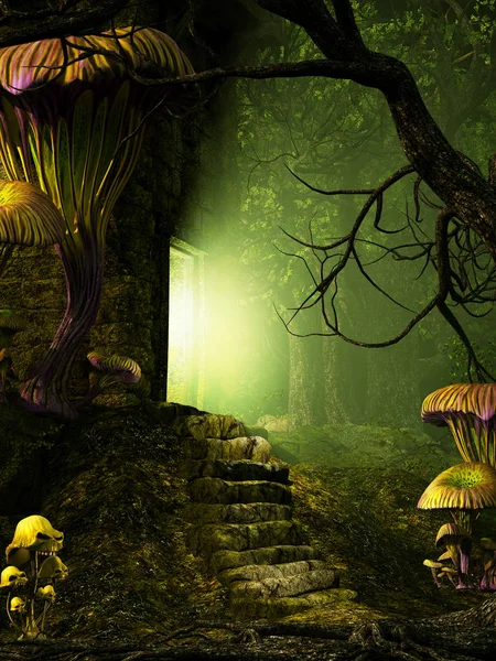 Mushrooms and old tower in the magic forest