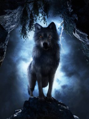 Wolf at the entrance to the cave clipart
