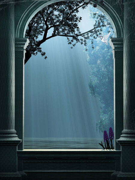 Gothic window with tree and sea