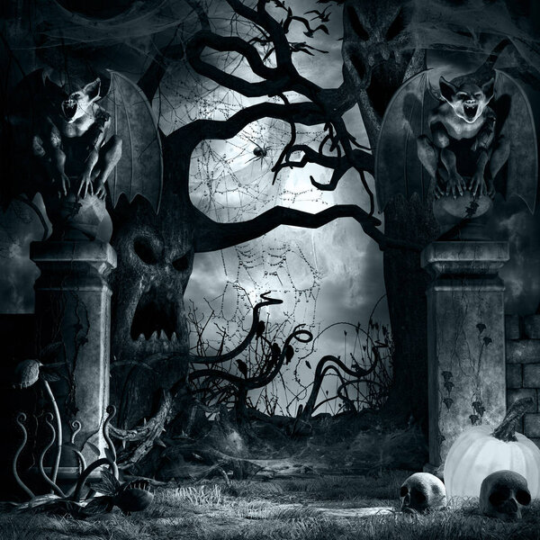Gothic scene with creepy trees and gargoyles