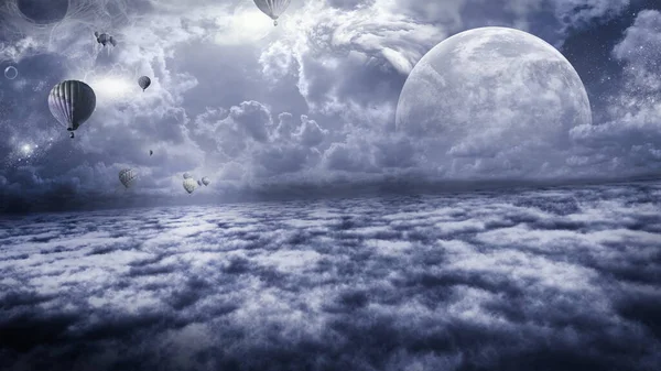 Fantasy Szene Mit Luftballons Wolken Und Planeten — Stockfoto