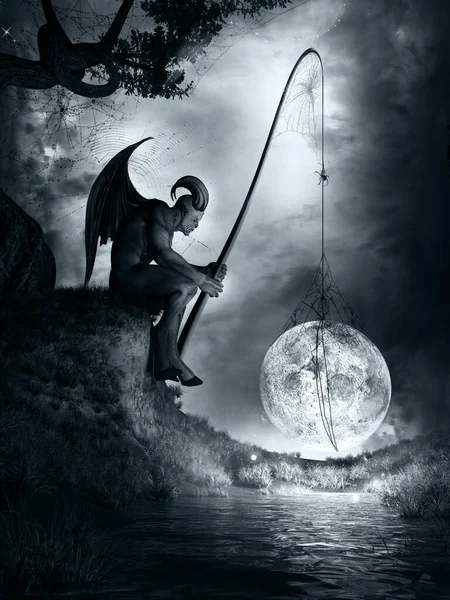 Ночная Сцена Рогатым Демоном Сияющей Луной — стоковое фото