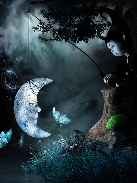Éjszakai Jelenet Törpével Holddal Pillangókkal — Stock Fotó