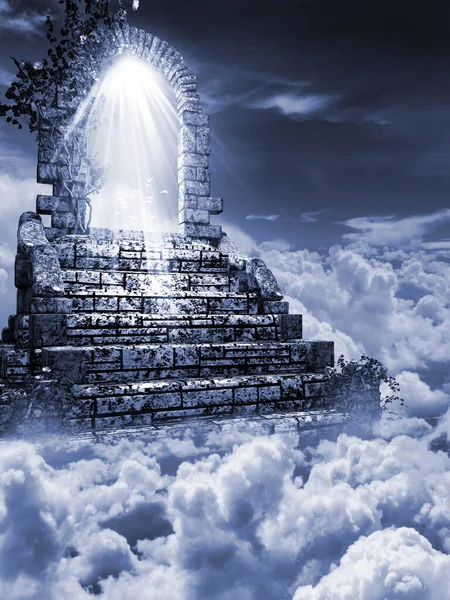 Jelenet Kőlépcsővel Boltívvel Felhők Felett — Stock Fotó