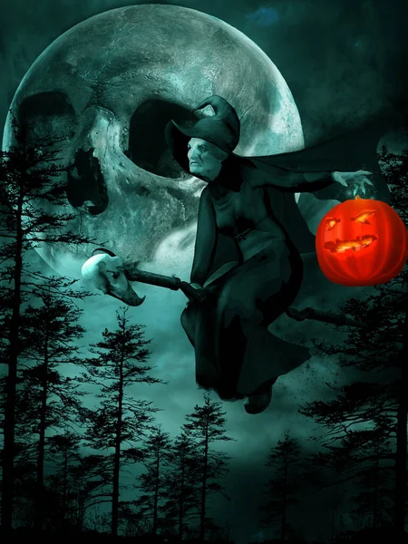Cadı Balkabağıyla Gece Sahnesi — Stok fotoğraf