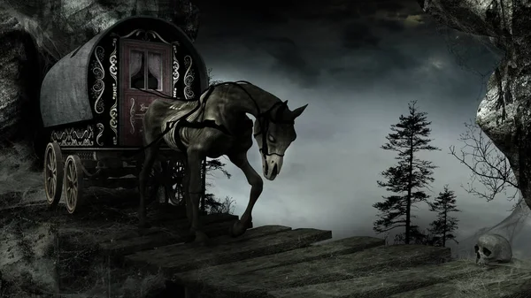 Gothic Scenery Old Bridge Horse Wagon — Stock Photo, Image