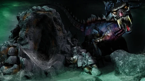 Fantasy Szene Mit Gruseligem Drachen Und Verlassener Höhle — Stockfoto
