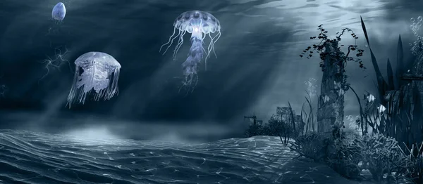 Podwodne Krajobrazy Zatopionymi Ruinami Meduzami — Zdjęcie stockowe