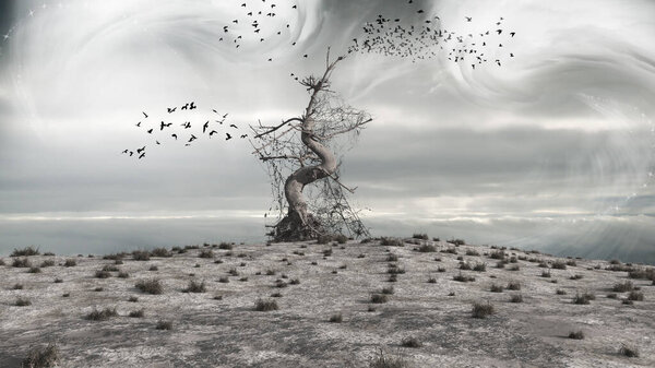 Пейзаж пустыни с мертвым деревом и птицами