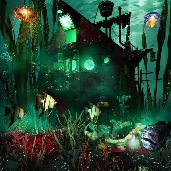 Underwater Scene Coral Reef Fantasy House Jellyfish — Stock Photo, Image