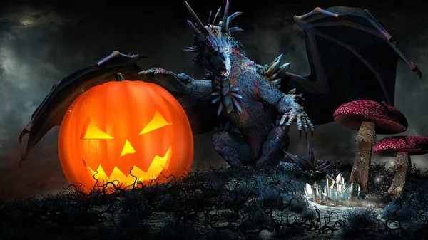 Paisaje Halloween Con Dragón Setas Calabaza —  Fotos de Stock