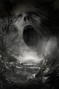 Ağaçlı ve çığlık atan yüzlü gotik bir sahne.