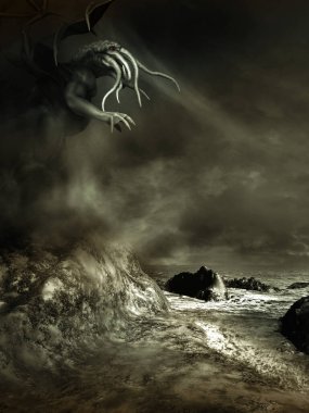 Kanatlı canavarla deniz manzarası