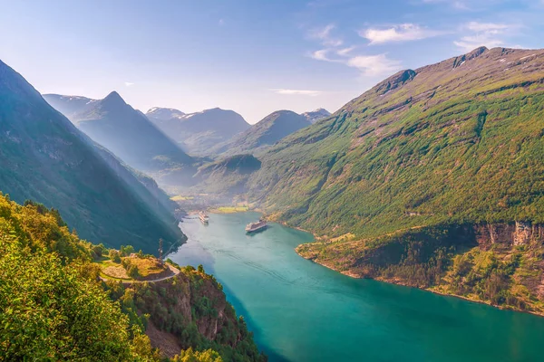 View Geiranger Fjord Geiranger Village Eagle Road Viewpoint Norway — Stock Photo, Image