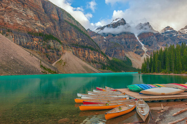 Canoes on Moraine Lake.Banff National Park. Canadian Rocky Monta