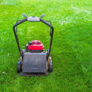 Yeşil çimlerin üzerinde benzin çim biçme makinesi. Arka bahçe çim bakım ekipmanları. Görüntüyü kapat