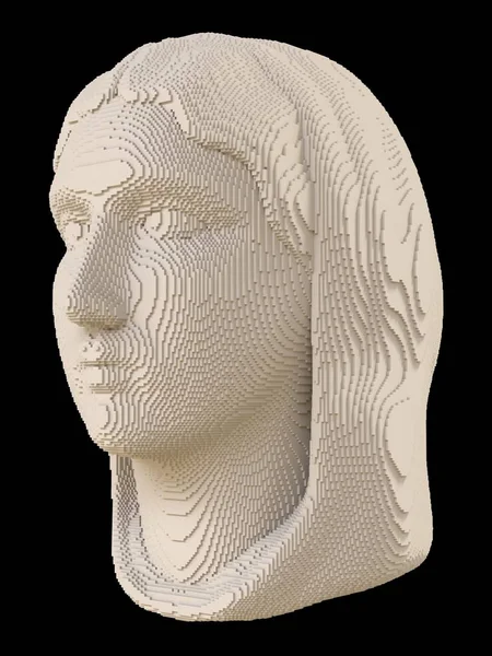 Voxel head of young woman on a black background. Ancient Greek statue of Aspasia or Aphrodite.