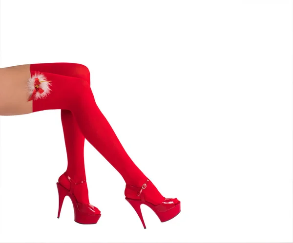 Sexy nogi kobiece Pończochy fetysz czerwone i czerwone buty na obcasie, na białym tle — Zdjęcie stockowe