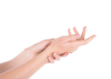 Beyaz izole ellerini ovuşturarak kadın