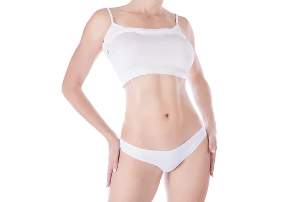 Feminino cortado ajuste corpo em roupa interior base branca, isolado em branco . — Fotografia de Stock