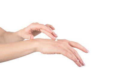 Kadın el el kremi, beyaz arka plan, portre