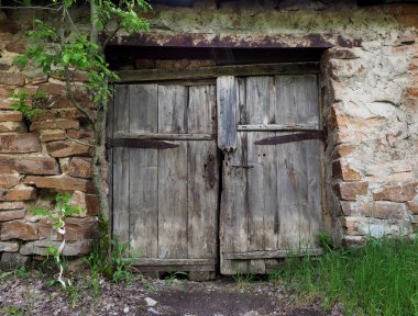 Orman ortasında terk edilmiş eski yarı harap taş ev kapısı