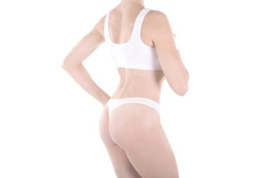 Erkek kırpılmış geri uyum ve kalça beyaz külot dizesi ve üst, üzerinde beyaz izole.