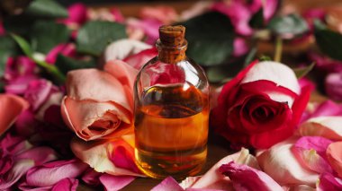 Aroma Yağı cam şişe gül ve masada, doğal hammaddeler, yaprakları arasında odak seçili