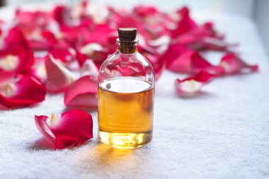 Aromaterapi uçucu yağ cam şişe beyaz terry havlu üzerinde kırmızı gül yaprakları arasında. Spa ve kavramı, seçilen odak dinlenmek