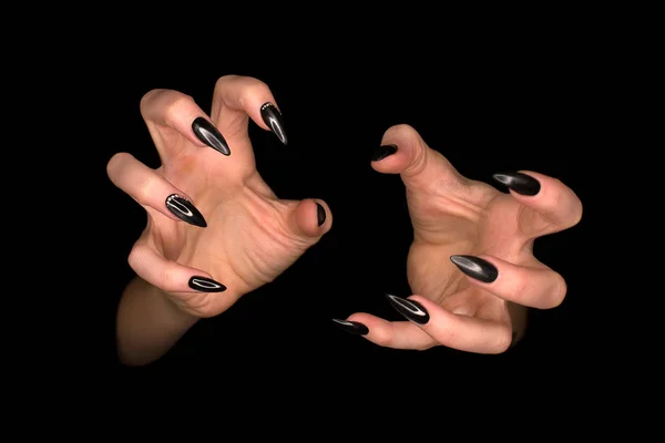 長くて鋭い黒い光沢のある爪、黒の背景に分離された魔女の爪と女性の手のクローズ アップ、低キー — ストック写真